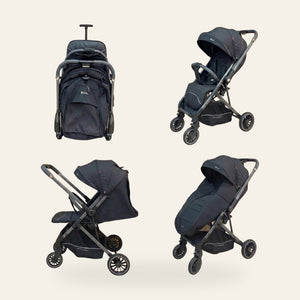 Poussette Kidilo 6521B noire, les quatre vues : pliée en trolley, ouverte, dossier à plat et avec la chancelière