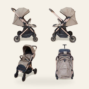 Poussette Kidilo 6530 MINI beige et or rose, les quatre vues : siège face à vous, face à la rue, de trois quarts et pliée en trolley