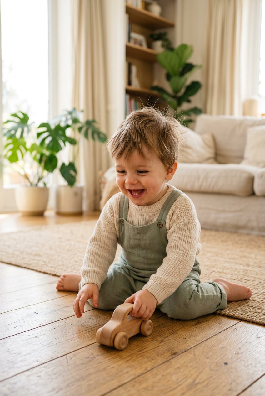 Enfant riant en jouant sur un tapis douillet