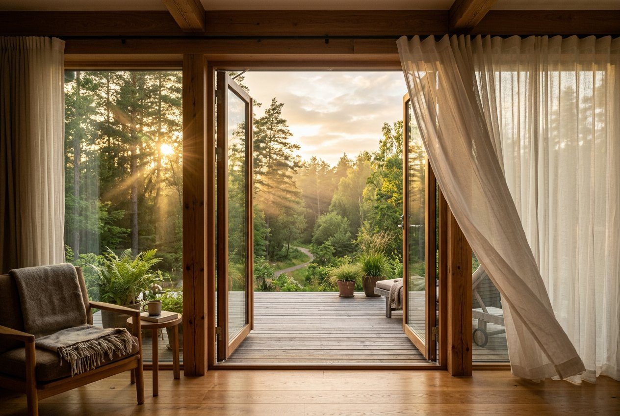 Intérieur chaleureux ouvert sur la nature au coucher du soleil