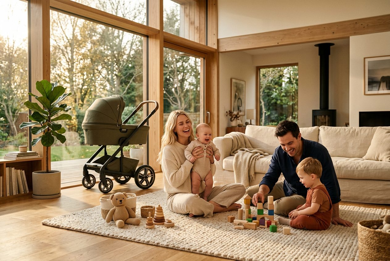 Famille jouant avec des cubes en bois naturel dans un salon chaleureux