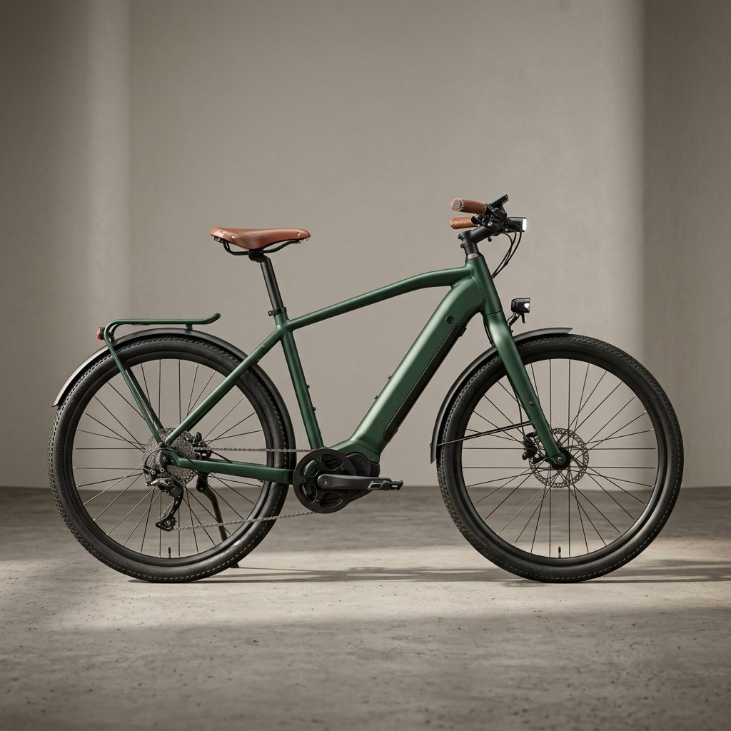 Vélo électrique vert mat à selle en cuir, photographié en studio