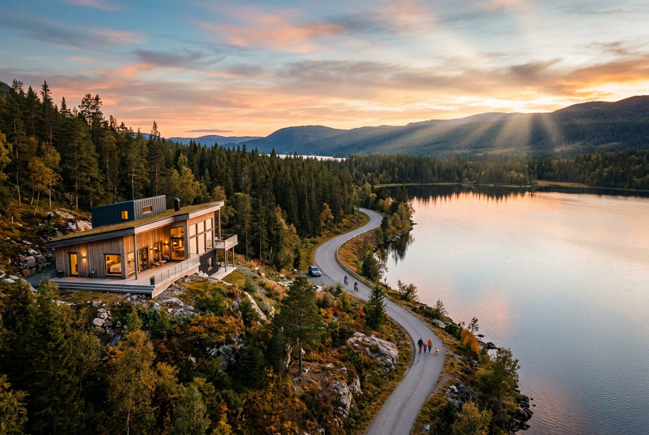 Chalet en bois au bord d'un lac au coucher du soleil, famille et vélos sur la route