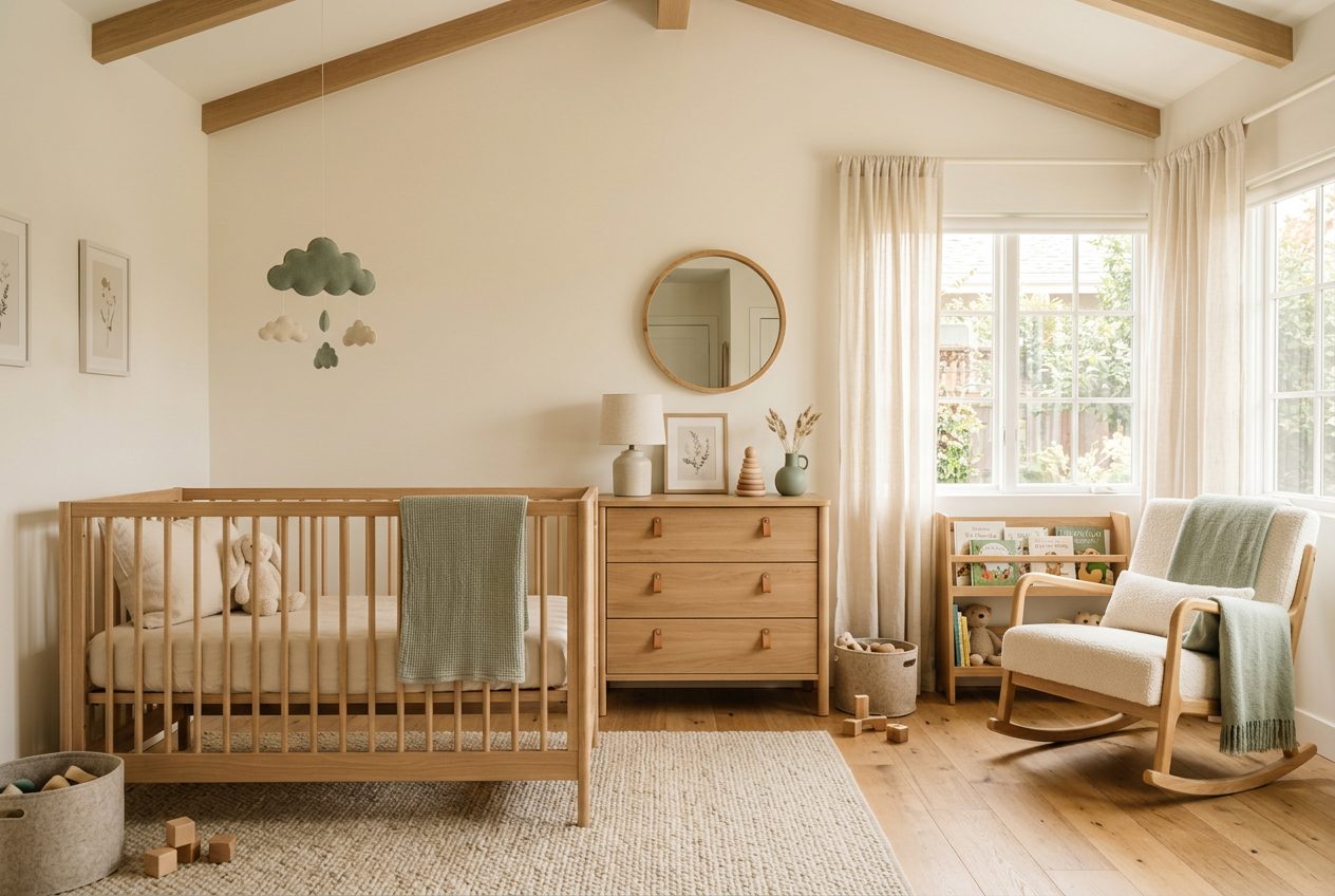 Chambre bébé scandinave en bois clair et vert sauge