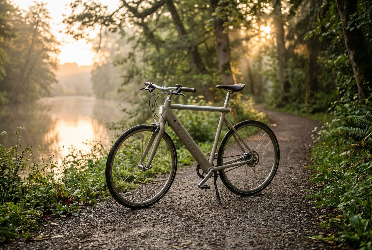 Vélo électrique à cadre clair et selle cuir dans une lumière d'aube