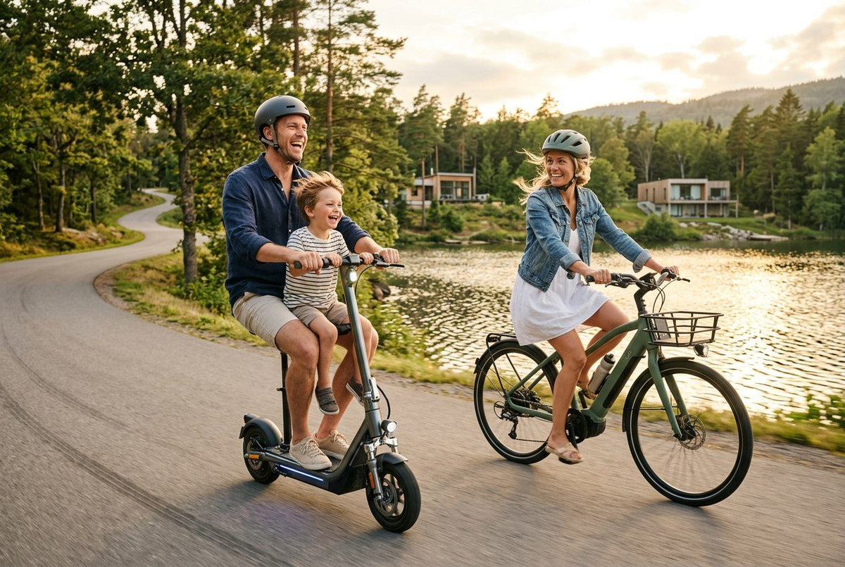 Famille en trottinette et vélo électriques au bord du lac — EazyLifeStore