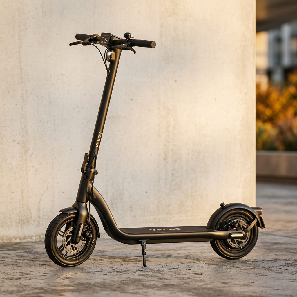 Trottinette électrique noire premium contre un mur de béton au soleil doré