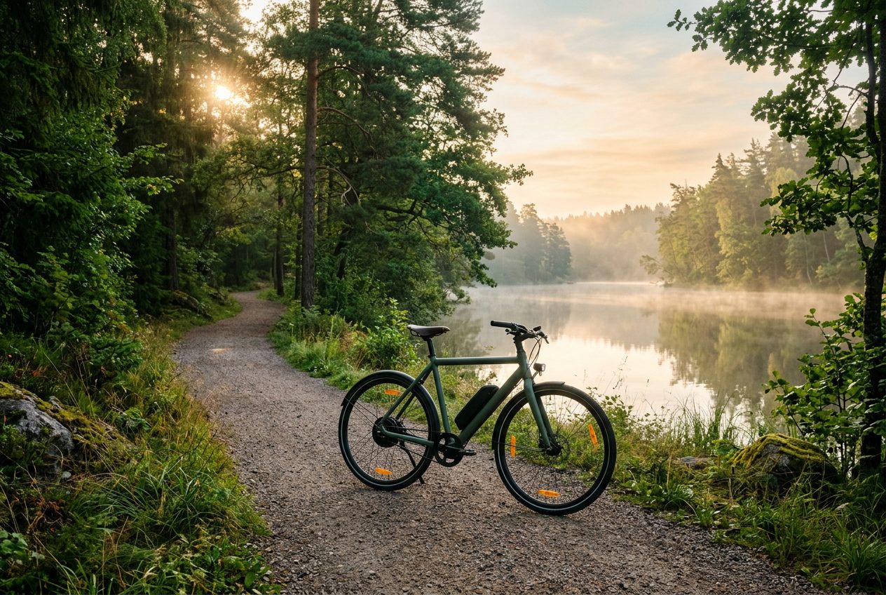 Vélo électrique vert sur un sentier au bord d'un lac au lever du soleil