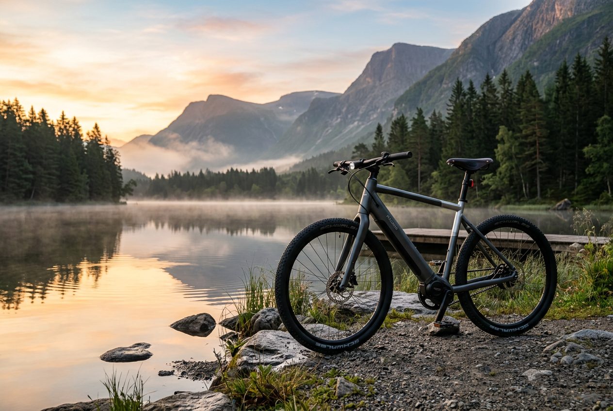 Vélo électrique au bord d'un lac de montagne à l'aube