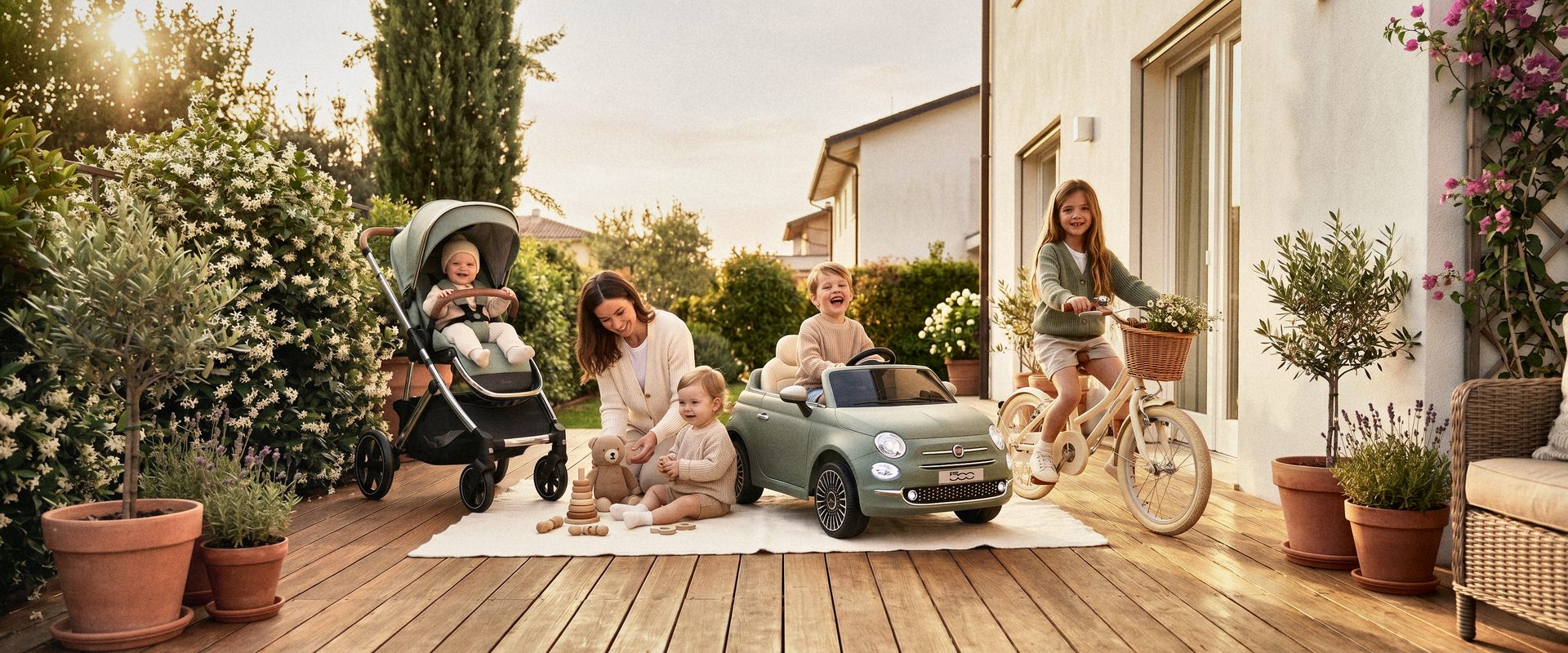 Famille sur une terrasse au coucher du soleil : poussette, voiture électrique enfant et vélo